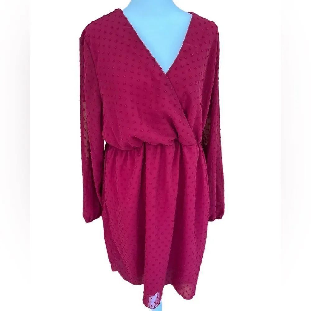 SHEIN Curve faux wrap burgundy Swiss dot dress size 0XL